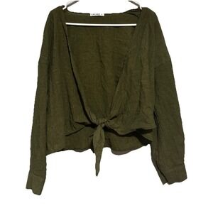 CLOZOZ Women's Olive Green Crinkle Tie Front Blouse‎ Long Sleeve Button Cuff S